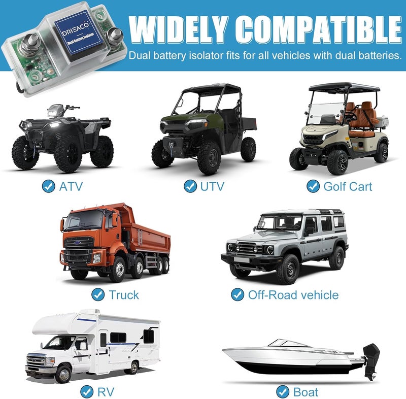 Drieaco Store Battery Isolator 12V, Universal Smart Dual Battery Isolator Kit Fit for UTV ATV RV Car Motorcycle Boat Golf Cart Can-Am Polaris Jeep Truck Tractor Accessories, Not Fit Lithium Batteries - Image 5